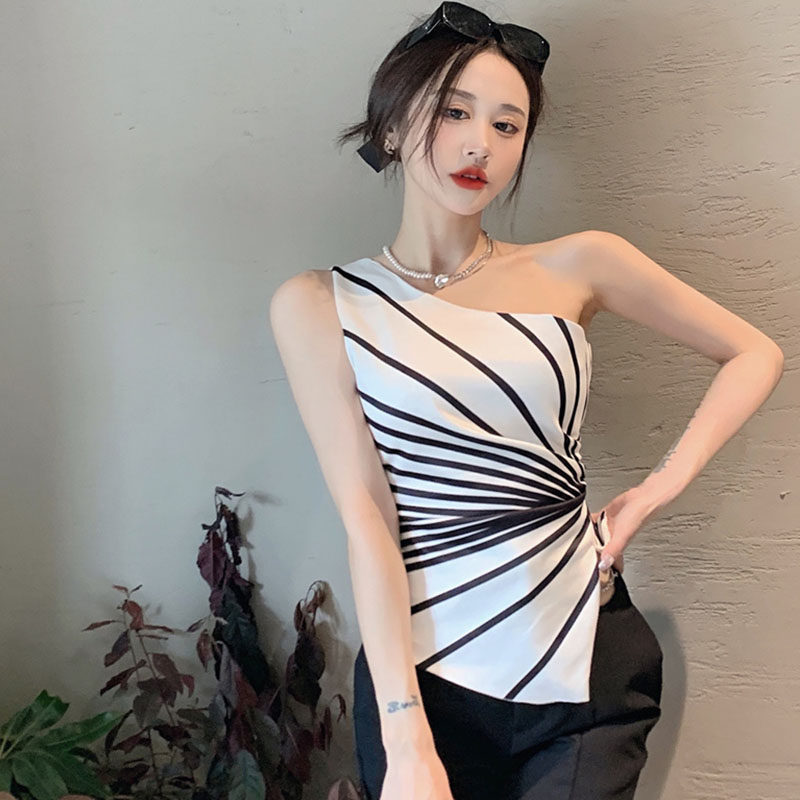 夏季新款气质不规则线条上衣女小众设计感斜肩修身高级感百搭衬衫