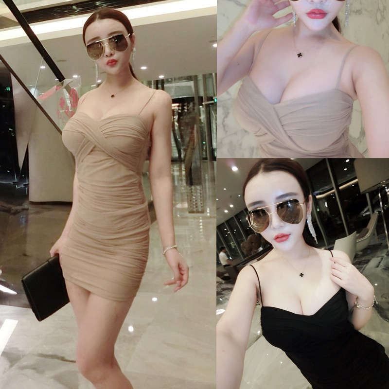 2018夏秋名媛礼服性感深V领裹胸露背吊带百褶网纱修身包臀连衣裙