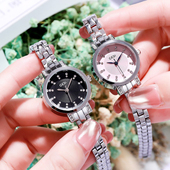 时尚 镶钻防水女士手表休闲简约女表钢带圆形小表盘精致时装 石英表