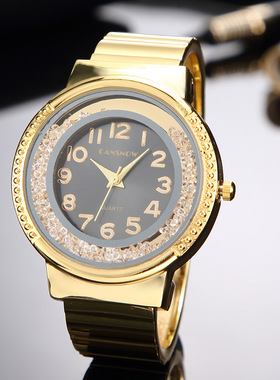 手镯手表时尚钢带全金属女士腕表个性可流动水钻圆形表盘石英女表