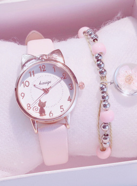 儿童指针式手表可爱猫咪石英表少女KT猫小学生女孩粉色小清新腕表