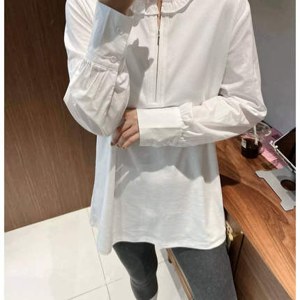 欧货纯色黑白木耳花边领半拉链宽松长袖T恤小衫上衣卫衣显瘦百搭