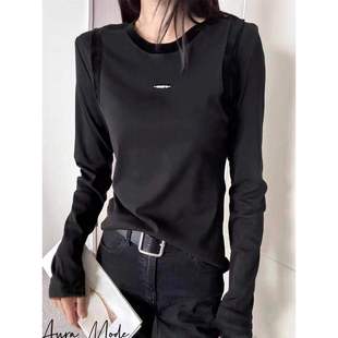 欧货秋季新纯色安卡拉红圆领长袖T恤小衫打底衫时尚上衣显瘦洋气