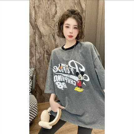 欧货高版本卡通圆领宽松中长款半袖T恤上衣过臀大T显瘦大码短袖潮