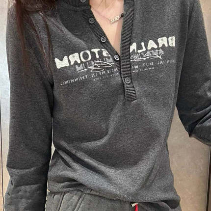 欧货洋气小衫针织领拼接开叉小V领字母弹力长袖T恤小衫打底衫潮