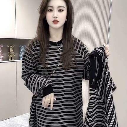 欧货时尚条纹老钱风圆领宽松中长款长袖T恤卫衣时尚过臀上衣显瘦