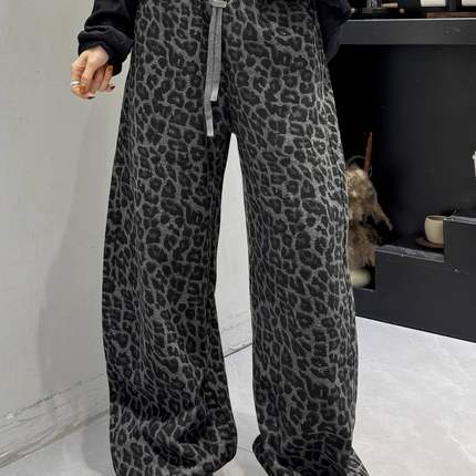 欧货秋冬加厚灰色豹纹松紧腰宽松阔腿裤抽绳卫裤休闲裤显瘦大码潮
