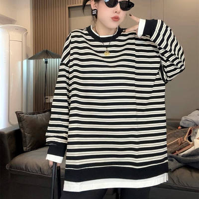 欧货春季新款黑白条纹叠穿宽松中长款长袖T恤过臀大T上衣时尚百搭