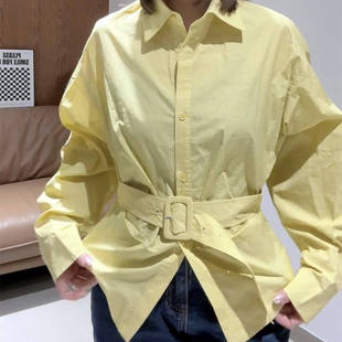 欧货春季新款鹅黄色收腰宽松长袖衬衫女时尚上衣显瘦百搭大码潮T