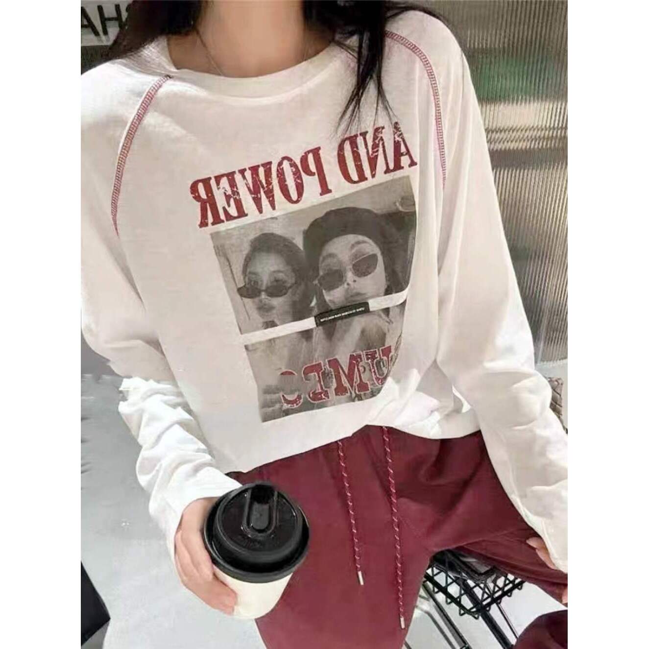 欧货洋气女装白色薄款宽松版长袖T恤