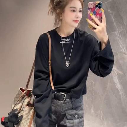欧货洋气女装黑白字母圆领宽松长袖T恤上衣时尚卫衣显瘦百搭大码