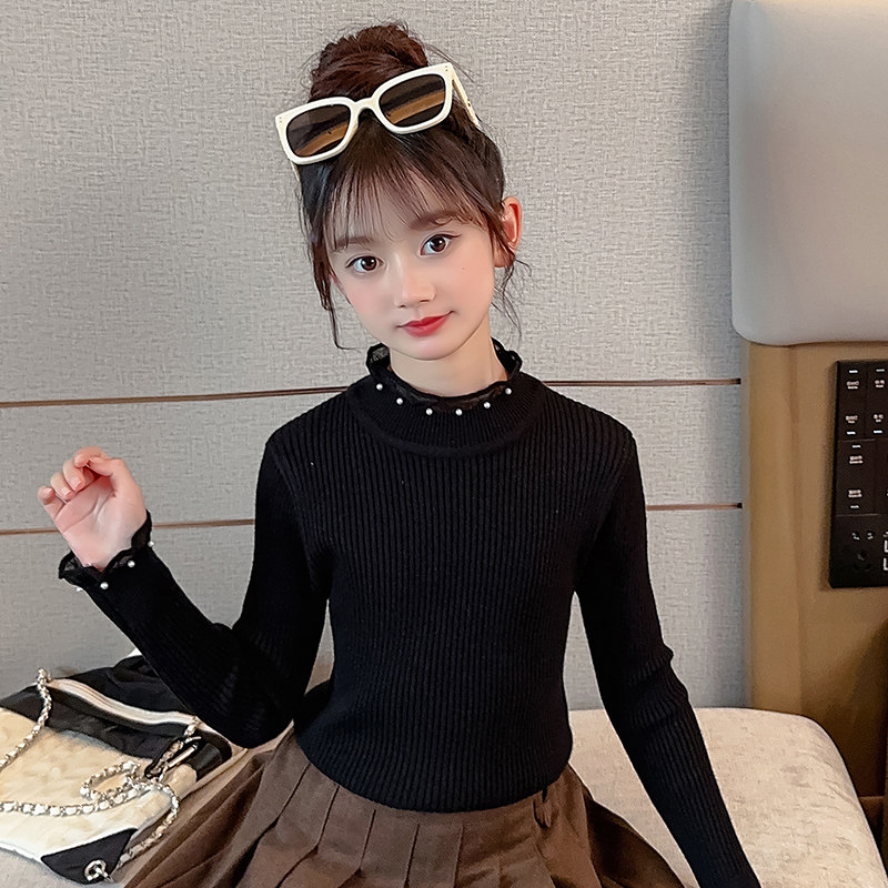 女童毛衣打底衫2023秋冬新款中大童纯黑色针织衫内搭保暖毛衣洋气