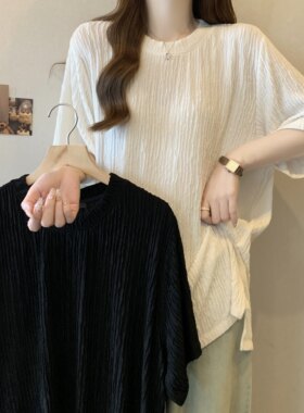 肌理感正肩短袖T恤女夏季大码胖mm显瘦遮肚子中长款别致开叉上衣