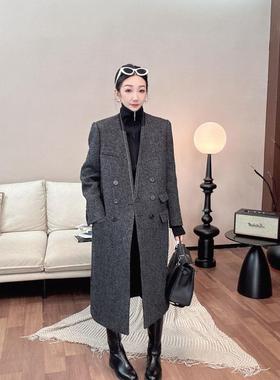 Wang.小宁「初冬奢依」羊毛V领轻奢口袋长款大衣外套C01877WT243