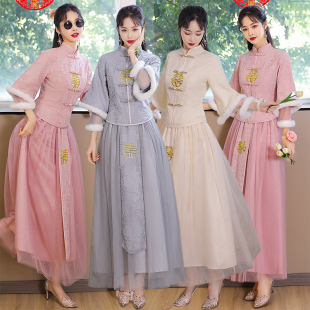 中国风伴娘团姐妹裙加绒加厚复古秀禾礼服 新款 中式 伴娘服2025冬季