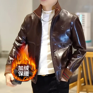 男士秋冬修身立领皮衣复古风短款机车皮夹克新款时尚爆款洋气外套