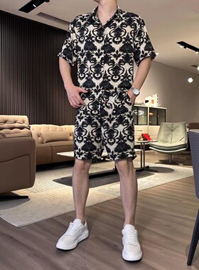 夏季新款欧花潮流套装休闲百搭男士痞帅薄款宽松短袖五分裤两件套