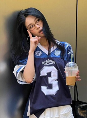 美式拼接网眼球衣风宽松显瘦短袖夏季百搭休闲运动T恤情侣上衣男