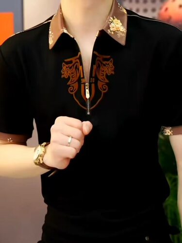 男士夏季时尚英伦短袖卫衣显瘦凉感弹力轻奢翻领拉链双蛇高级上衣
