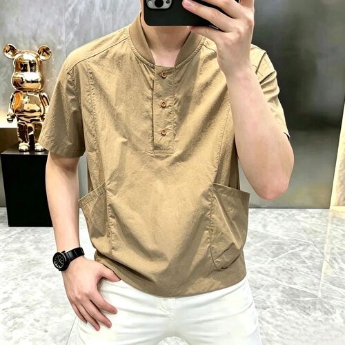 2026男士休闲口袋设计立领短袖T恤夏季潮流时尚宽松百搭纯色上衣