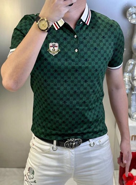 2024夏季新款高端男士时尚潮流休闲百搭帅气字母拼满花polo衫男