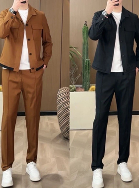 欧货美拉德男士新款休闲夹克套装两件套时尚百搭休闲慵懒风套装