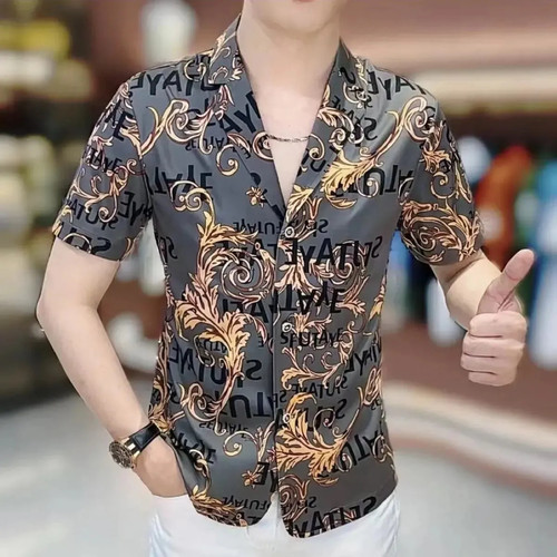 2025年新款时尚潮流印花西服上衣男夏季轻薄透气休闲百搭外穿短袖