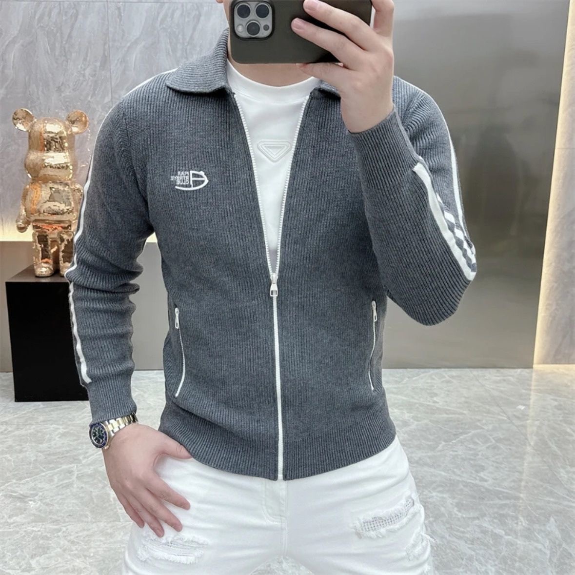 2025新款秋季休闲潮男翻领轻奢百搭修身纯色开衫男士防寒保暖外套