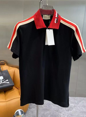 2025春夏新品百搭条纹logo翻领短袖POLO衫青年男修身商务休闲t恤