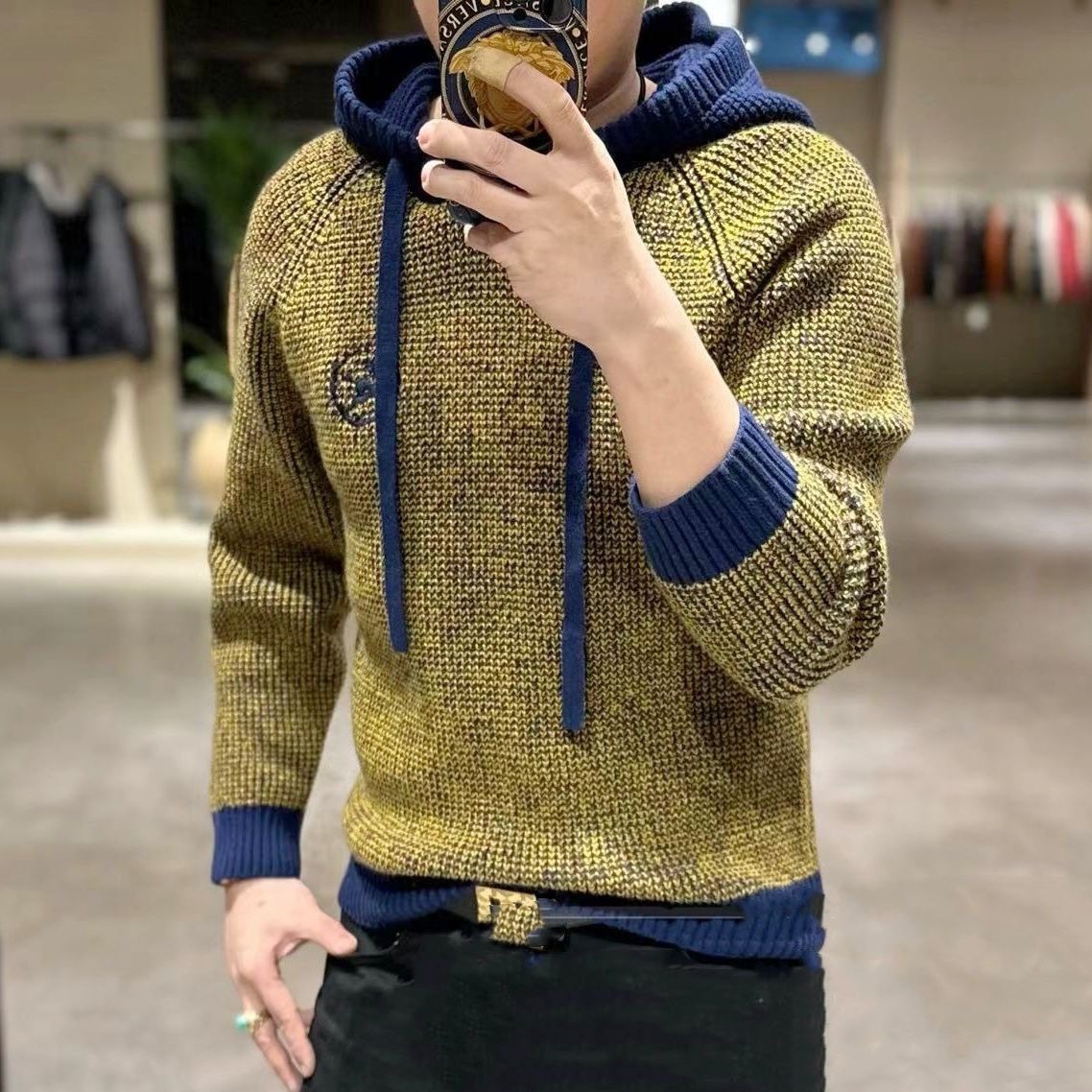 欧货潮牌休闲连帽针织衫男士秋冬新款潮牌气质拼接撞色长袖毛衣服,男装,卫衣,淘宝优惠券,粉丝福利购,淘宝优惠卷