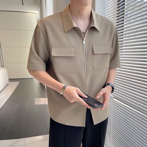 夏季半拉链工装衬衫五分袖2026新款冰丝T恤潮流简约垂感半袖上衣