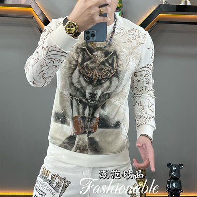 欧货2025新款男士圆领长袖体恤时尚老狼印花修身轻奢休闲运动卫衣