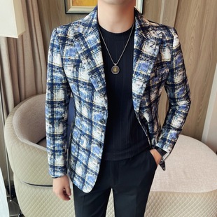 高级感个性 格子西装 英伦风帅气商务雅痞男装 修身 格纹西服外套 新款