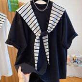 高级条纹披肩连帽短袖 时尚 t恤男女宽松时髦假两件潮 新款 2026夏季