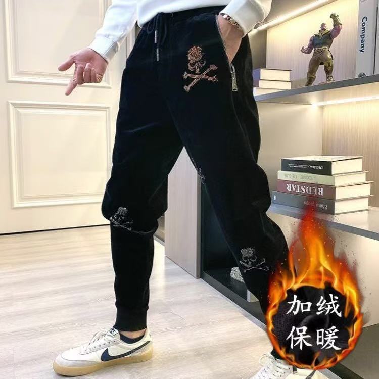 欧美潮流骷髅头烫钻拉链保暖休闲裤秋冬款帅气加绒加厚百搭束脚裤