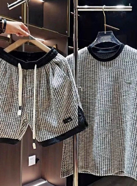 男士夏季新款条纹套装简约百搭短袖短裤痞帅时尚休闲运动一套搭配