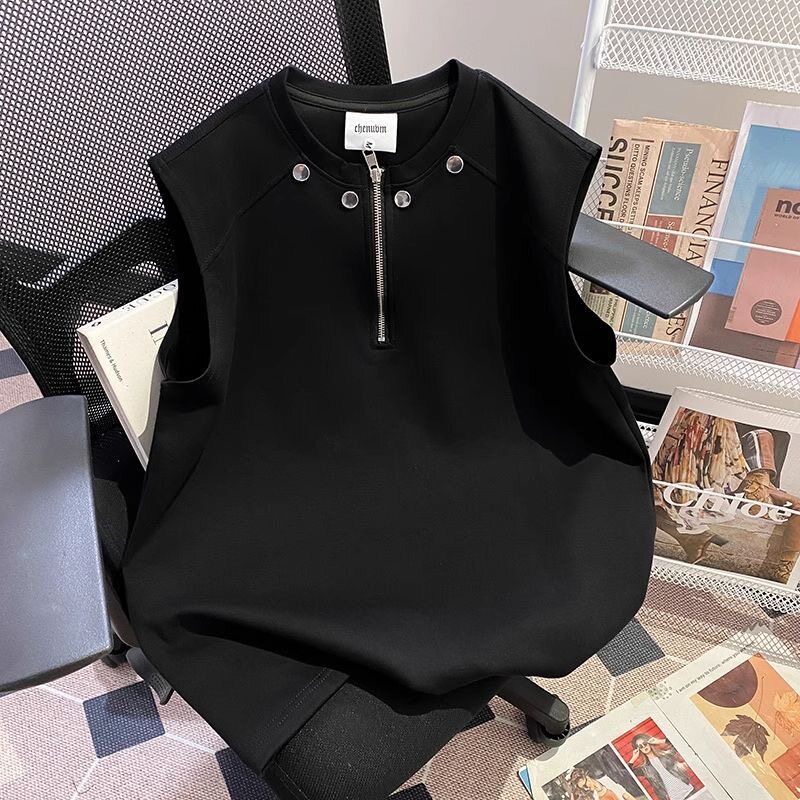 2026黑色半拉链铆钉背心男女款夏季百搭痞帅无袖T恤设计坎肩潮牌