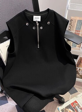 2026黑色半拉链铆钉背心男女款夏季百搭痞帅无袖T恤设计坎肩潮牌