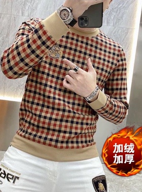 欧洲站秋冬高档卫衣男士t恤长袖加绒格子刺绣上衣套头打底衫潮男