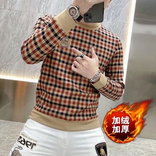 潮男 加绒格子刺绣上衣套头打底衫 欧洲站秋冬高档卫衣男士 t恤长袖