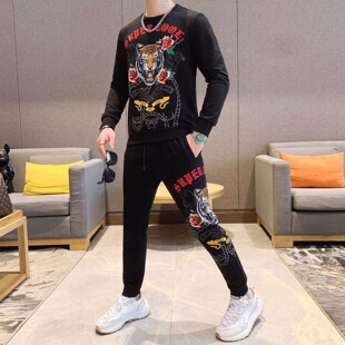 秋冬新款潮男老虎头烫印烫钻休闲套装轻奢百搭圆领卫衣长裤两件套