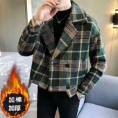 男士 加棉加厚 毛呢格子外套韩版 潮流帅气休闲呢子大衣风衣男秋冬季
