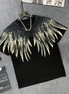 欧洲站2026夏季新款短袖t恤男时尚轻奢翅膀印花圆领修身百搭体恤t