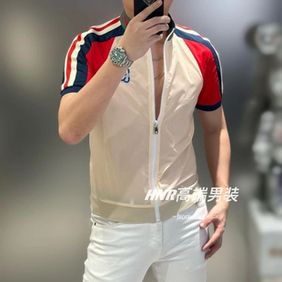 2026休闲潮牌拼色条纹时尚新款立领T恤男士个性百搭短袖夹克港风