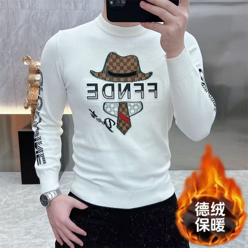 秋冬款个性潮男烫印烫钻保暖打底衫欧洲站轻奢时尚高级感体恤上衣