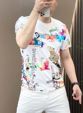 2026夏季男士新款圆领时尚潮流霸气豹子印花短袖修身T恤上衣半袖
