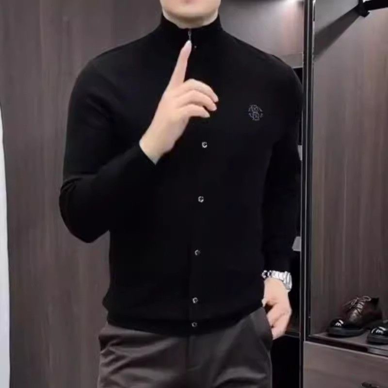 时尚高级感立领拉链开衫长袖t恤衫男士简约修身帅气纯色打底上衣