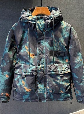 2026秋冬季新款男士美式复古工装迷彩冲锋衣百搭潮流休闲连帽棉衣