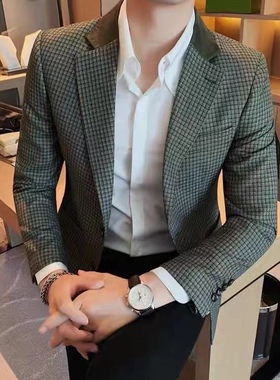 秋季高档墨绿色潮西装男士复古细格子休闲西服男轻奢单西西服外套