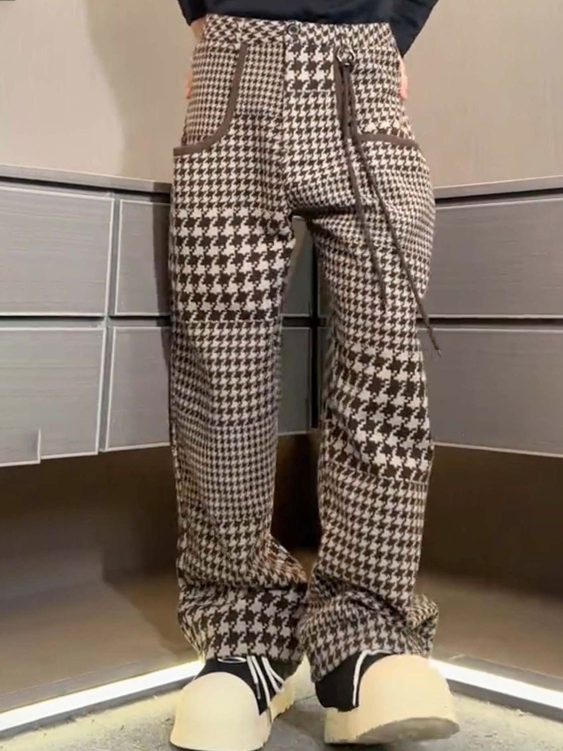 欧货时尚撞色印花千鸟格直筒休闲裤男士秋冬个性高级感轻奢长裤子